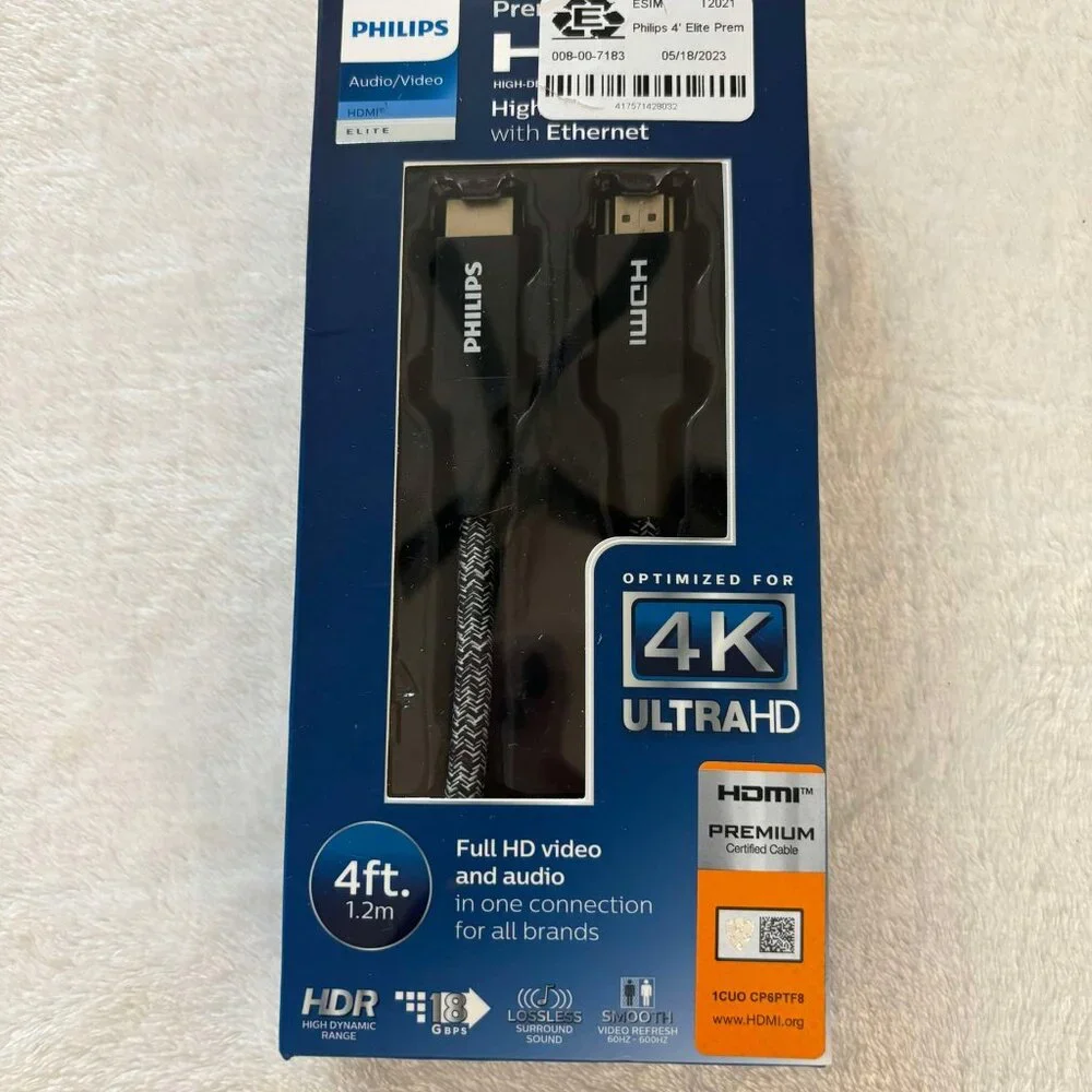 Philips HDMI High-Speed Cable with Ethernet 4K Ultra HD Full Audio/Video HDR 4ft